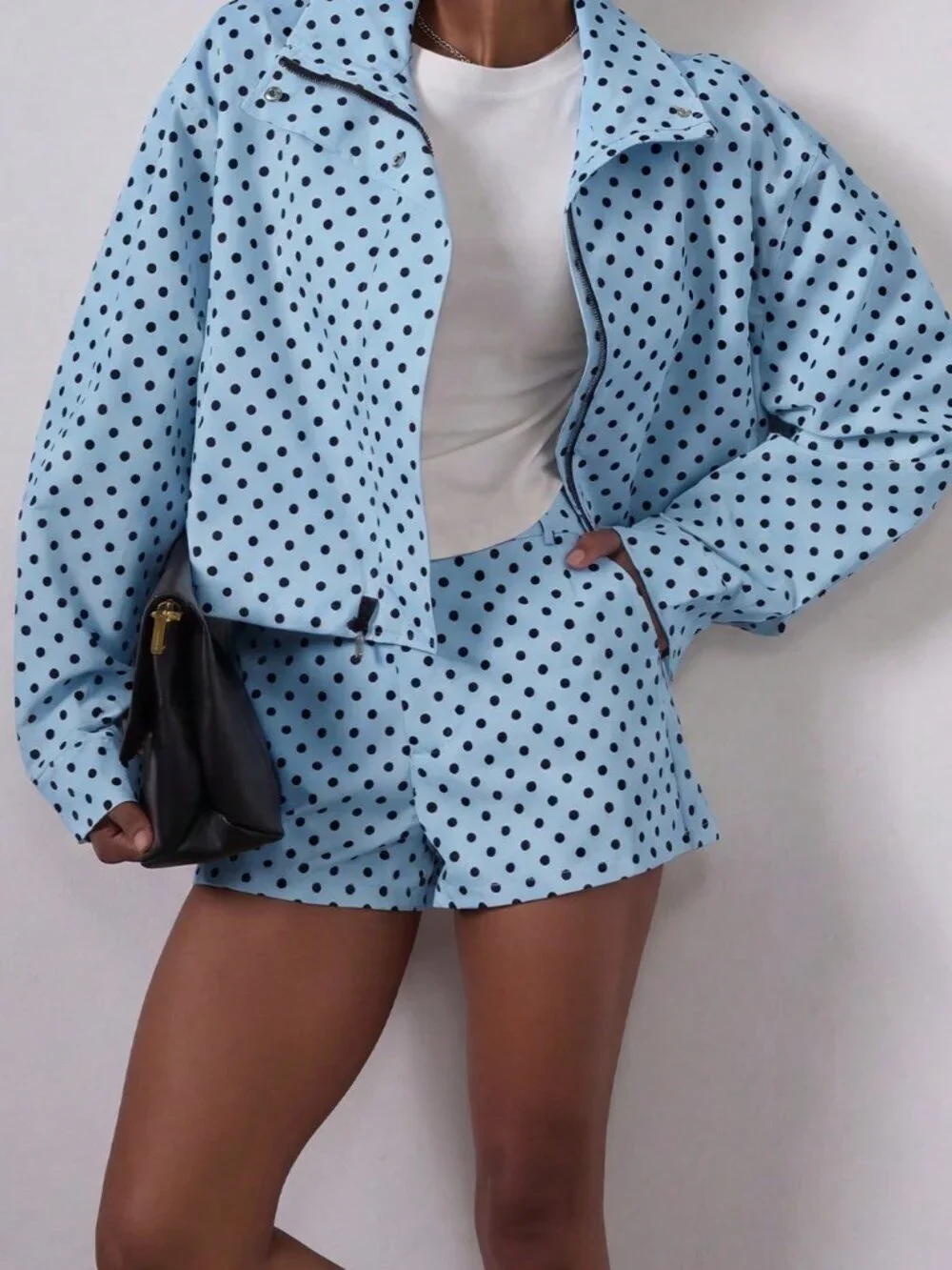 Sky Blue Casual Women's Polka Dot Stand Collar Bomber Jacket
